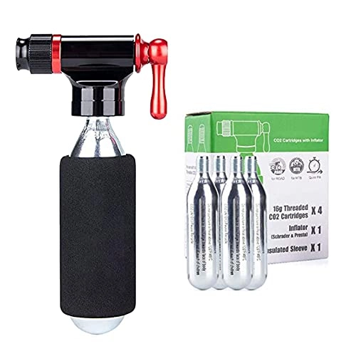 Bike Pump : Gidenfly CO2 Pump Inflator Head Cartridge Compatible With Presta Schrader Valve With 4pcs 16g CO2 Cartridges Mini Hand Pump With Insulated Sleeve For MTB Bicycles Road Mountain Bike