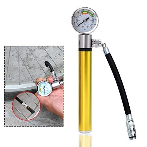 Bike Pump : GUANGMING - Bike Pump with Pressure Gauge, Mini Portable Bicycle Pump with Needle, Cycle Frame Mount Air Pumps for Road, Mountain And BMX Bikes And Ball, Aluminum Alloy, 19.5Cmx4cm (Color : Gold)