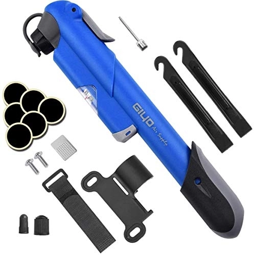 Bike Pump : LSYP Bike Pump with Pressure Gauge, [120 PSI][Perfect Full Set] Mini Bicycle Pump, Ball Pump with Needle, Glueless Patch Kit, Cycle Valve Caps and Frame Mount Fits Presta &Schrader Valve(Blue)