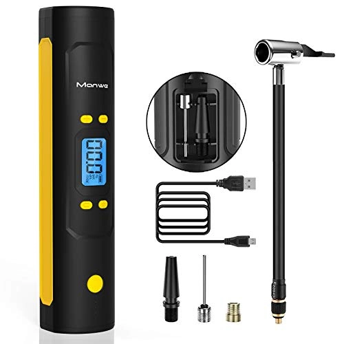Bike Pump : Manwe Car Tyre Inflator, Portable Air Compressor Pump Cordless with 2200mAh Rechargeable Li-ion Battery, 150PSI Handheld Electric Tire Pump with Auto Shut Off, LED Light and LCD Screen Pressure Gauge
