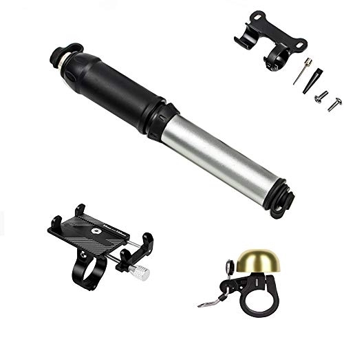 Bike Pump : Mini Bike Pump / Bike Frame-Mounted Pumps with Gauge - Fits Presta and Schrader - 120 PSI - Reliable, Compact and Light - for Road, MTB, BMX Bikes, Gift Copper Bell and Mobile Phone Holder