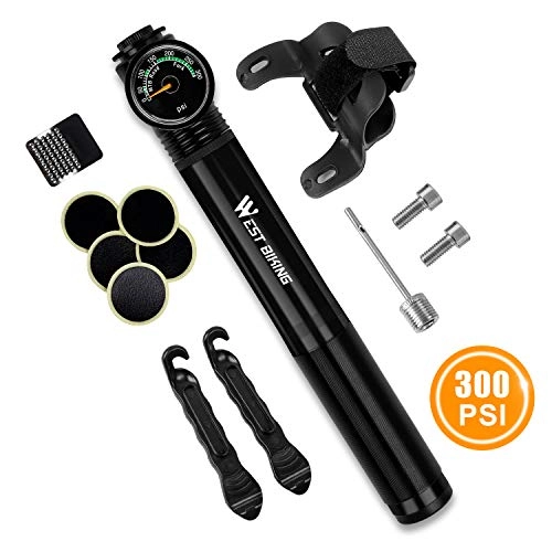 Bike Pump : Mini Bike Pump with Gauge - 300 PSI - Fits Presta & Schrader - Portable Bicycle Frame Pump with Glueless Puncture Repair Kit for Road, Mountain and BMX Bikes, Mount Kit & Ball Needle Included