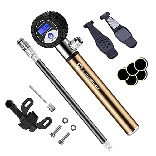 Bike Pump : Mini Bike Pump with Gauge, Glueless Puncture Repair Kit, 120PSI Portable Frame Bicycle Pump, Presta & Schrader Valve Tire Pump for Road, Mountain, BMX Cycling, Hand Ball Air Pump with Needle(Gold)