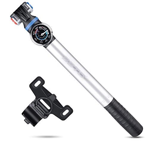 Bike Pump : Mini Bike Pump with Gauge - Portable Frame Pump with EZ-Head Fits Schrader / Presta, Foldable T-Handle - Road Mountain MTB BMX Bike Pump
