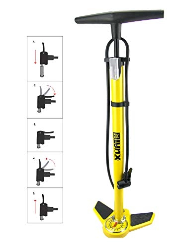 Bike Pump : P4B | Bicycle pump with round pressure gauge - for presta, schrader, dunlop | Floor pump for bicycle tyres, balls, air mattresses | Bicycle stand pump with stable foot | In yellow