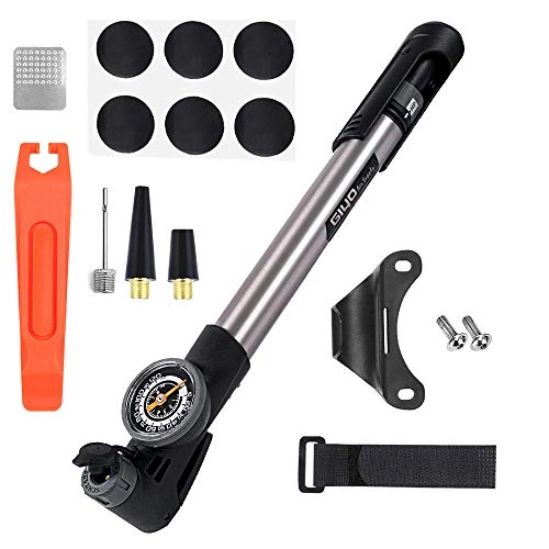 Bike Pump : Portable Mini Bike Pump with Pressure Gauge Mountain Road Bicycle Pump Fits Presta and Schrader 120 PSI High Pressure Quick Inflation with Bike Puncture Tire Repair Kit