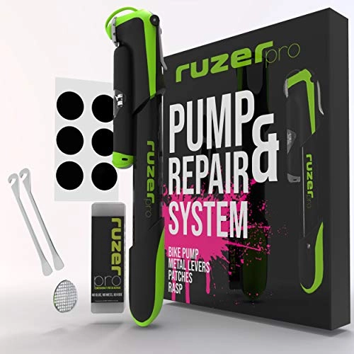 Bike Pump : RUZER PRO Bike Pump with Pressure Gauge repair kit, 140 PSI Full Set Mini Bicycle Pump, 6 Glueless Patch Kit, Metal tyre levers and Frame Mount Fits Presta &Schrader Valve