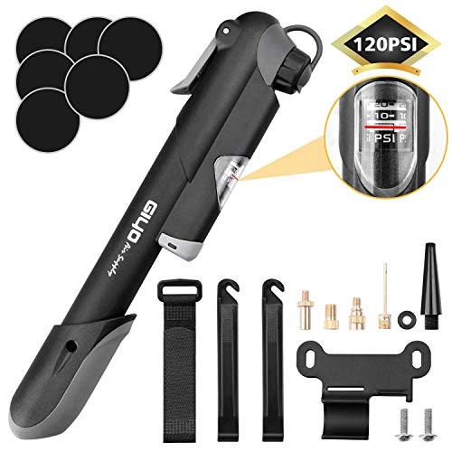 Bike Pump : Sportout Portable Bike Pump with Fixed Frame, 120 PSI Bicycle Air Pump with Manometer, Schrader & Presta Valve, Free Patch Kit and Portable Pocket for Various Bicycle Tires and Balls