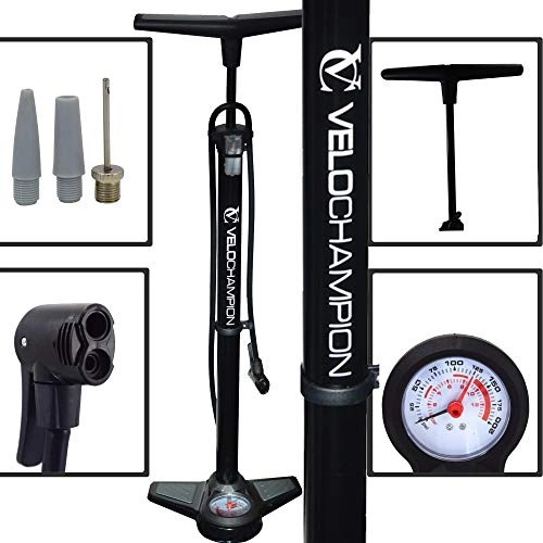 Bike Pump : VeloChampion Pro High Pressure Cycling Floor / Track Pump With Pressure Gauge Fits Presta & Schrader With 200 PSI / 13.8 Bar Max Pressure Premium Quality, Durable And Quick & Easy To Use (Black)