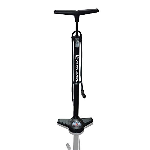Bike Pump : VeloChampion Pro High Pressure Cycling Floor / Track Pump With Pressure Gauge – Fits Presta & Schrader With 200 PSI / 13.8 Bar Max Pressure – Premium Quality, Durable And Quick & Easy To Use (Black)