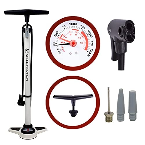 Bike Pump : VeloChampion Pro High Pressure Cycling Floor / Track Pump With Pressure Gauge – Fits Presta & Schrader With 200 PSI / 13.8 Bar Max Pressure – Premium Quality, Durable And Quick & Easy To Use (White)