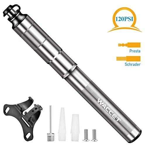 Bike Pump : WACCET Mini Bike Pump, High Pressure 120 PSI Bicycle Tyre Pump Durable Bike Air Pump Hand Pump with Frame for Road, Mountain and BMX Bikes, Compitable with Schrader Valve and Presta Valve (Silver)