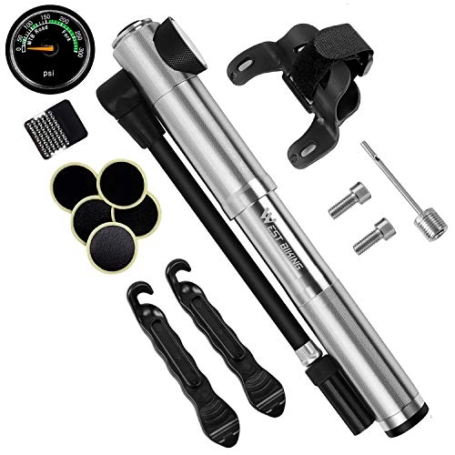 Bike Pump : WESTGIRL Bike Pump with Gauge & Glueless Puncture Repair Kit - 300 PSI - Fits Presta & Schrader - Portable Bicycle Frame Pump for Road, Mountain and BMX Bikes, Mount Kit & Ball Needle Included