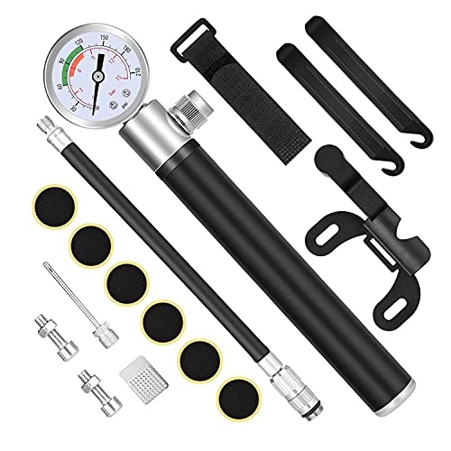 Bike Pump : YTBLF Bike Pump with Pressure Gauge, Mini Bicycle Pump, Ball Pump with Needle, Glueless Patch Kit, Glueless Patch Kit and Frame Mount Fits Valve