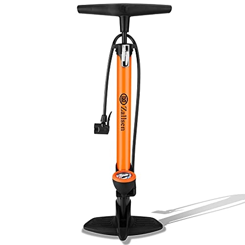 Bike Pump : Zallsen Bike Pump, High Pressure bicycle Floor Pump With Pressure Gauge, Max160 PSI / 11 Bar, Presta & Schrader Double Valve Design, For Bicycles, Motorcycles, Balls and Inflatable Toys (Orange)