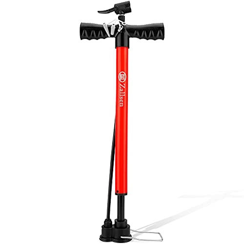 Bike Pump : Zallsen Bike Pump with Built-in High Pressure Bag, Bicycle Tire Floor Pump with Presta and Schrader Dual Valve, for Road, Mountain & BMX Bikes with Ball Needle Motorboat Valve Durable (Red)