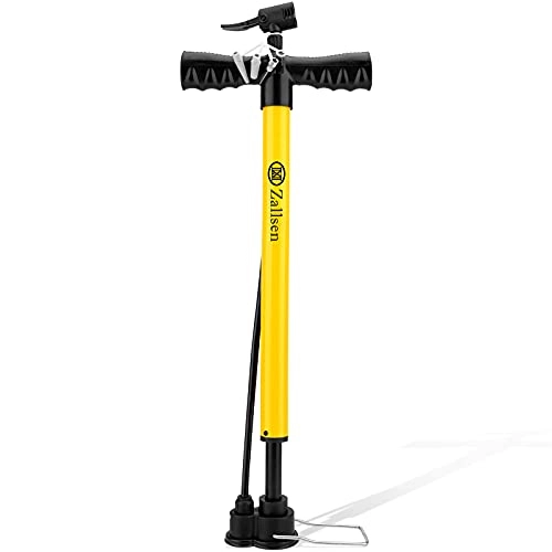 Bike Pump : Zallsen Bike Pump with Built-in High Pressure Bag, Bicycle Tire Floor Pump with Presta and Schrader Dual Valve, for Road, Mountain & BMX Bikes with Ball Needle Motorboat Valve Durable (Yellow)