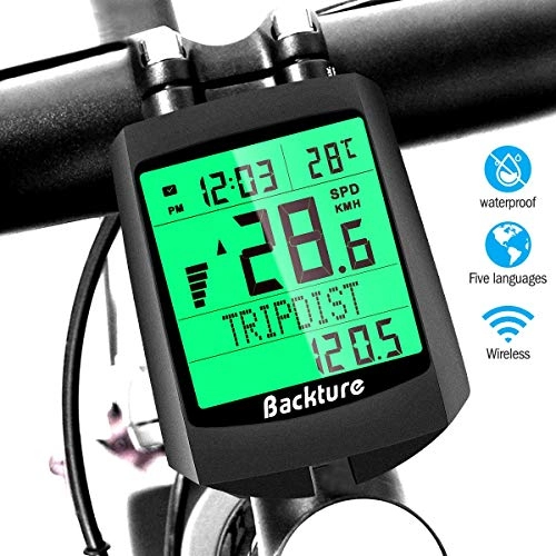 Cycling Computer : BACKTURE Bike Computer, 19 Multifunction Wireless Bicycle Speedometer Odometer Waterproof Auto Wake-up & Memory LCD Backlight 5 Language Display with Mount Accessories for Cycling Speed Tracking