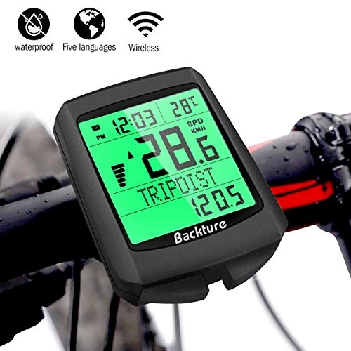 Cycling Computer : BACKTURE Bike Computer, 19 Multifunction Wireless Waterproof Bicycle Speedometer Odometer Automatic Wake-up & Memory LCD Backlight 5 Language Display with Mount Accessories for Cycling Speed Tracking