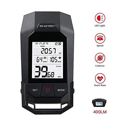 Cycling Computer : SHANREN Bike Computer Wireless Waterproof, 18 Function Heart Rate and Cadence Speedometer mph with Integrated 400LM Headlight Bluetooth Cycle Computer