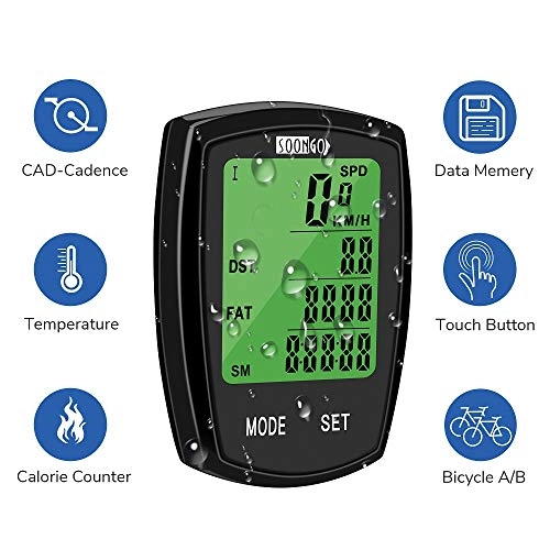 Cycling Computer : SOONGO Bike Computer With Cadence Sensor Cycle Computer Speedometer 32 Functions Waterproof LCD Backlight 4-Line Display with Temperature Calorie Bicycle A / B Data Memory