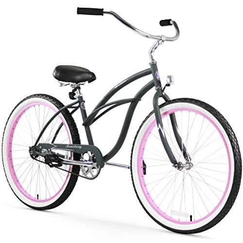 Bici Cruiser : Firmstrong Urban Lady Beach Cruiser Bicycle, Army Green / Pink Rims