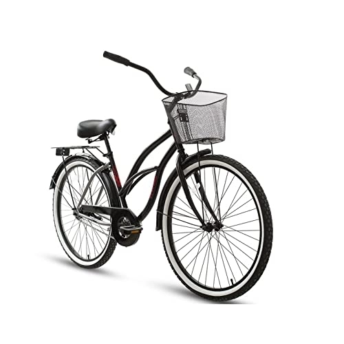 Bici Cruiser : KOOKYY Biciclette a velocità singola per adulti da 66 cm per il tempo libero in spiaggia in bicicletta con cestino e portabagagli unisex in acciaio retrò (colore: nero)
