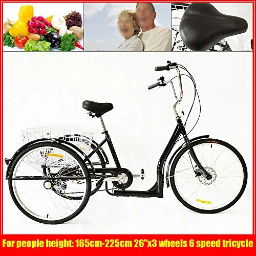 Bici Cruiser : LianDu 26" 6 velocità 3 Ruote Nero Adulto Triciclo Bicicletta da Crociera Triciclo Bicicletta Trike con Carrello della Spesa