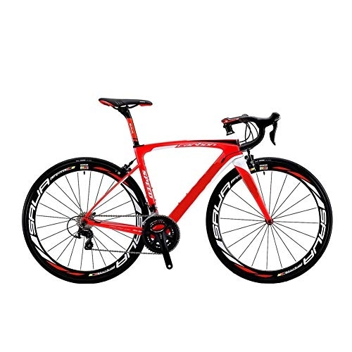 Bici da strada : MYRCLMY City Bike Carbon Road Bike, in Fibra di Carbonio 700C della Bicicletta della Strada con 105 22 Speed Ultra-Light Carbon Ruote Reggisella Forcella della Bicicletta, Rosso, A
