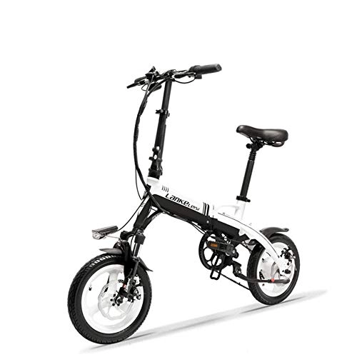 Bici elettriches : A6 Mini bicicletta pieghevole portatile E, bicicletta elettrica da 14 pollici, motore 36V 400W, cerchio in lega di magnesio, forcella di sospensione (Nero bianco, Più 1 batteria di ricambio)