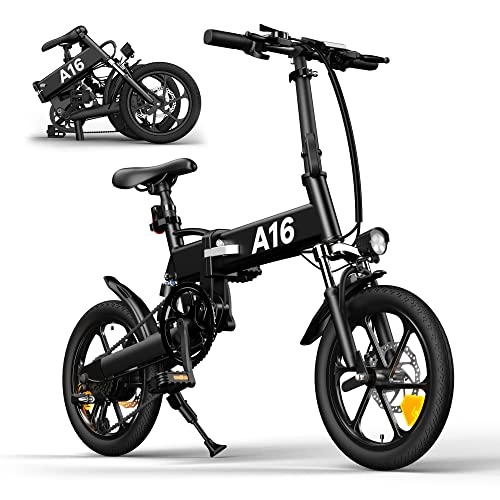 Bici elettriches : ADO A16 Bicicletta Elettrica Pieghevole per Adulto, 16'Bici Elettrica con Pedalata Assistita, LCD Display e Luci ​LED, Batteria da 7.5Ah, 25 km / h, 250W, Ebike è per Neve, Montagna, Sabbia, Nero
