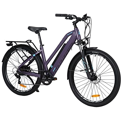 Bici elettriches : AKEZ Bicicletta elettrica da donna, 27, 5 pollici, 36 V, 12, 5 Ah, batteria al litio, per adulti con motore Bafang e cambio Shimano a 7 marce, EU Warehouse (Purple)