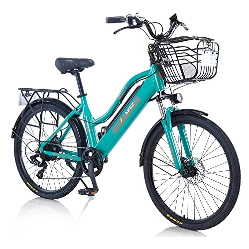 Bici elettriches : AKEZ Bicicletta elettrica per adulti donne, 26" E-bike per adulti, 250W mountain bike elettrica da donna, con batteria rimovibile agli ioni di litio, 7 velocità con freni a doppio disco (verde)