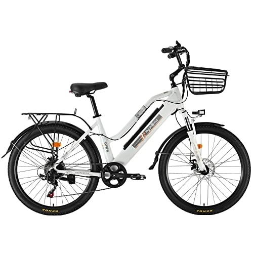 Bici elettriches : AKEZ Bicicletta elettrica per adulti donne, 26" E-bike per adulti mountain bike elettrica da donna, con batteria rimovibile agli ioni di litio, 7 velocità e freni a doppio disco (bianco)