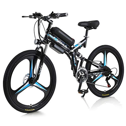 Bici elettriches : AKEZ Bicicletta elettrica pieghevole da 26 pollici, per adulti, elettrica, pieghevole, e-bike, da uomo, da donna, elettrica, con batteria da 36 V e Shimano a 21 marce (nero blu)