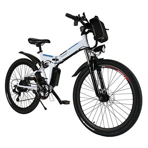 Bici elettriches : AMDirect Bicicletta da Montagna Elettrica Pieghevole con Ruote di 26 Pollici Batteria Litio di Grande Capacità 36V 250W Sospensione Completa Premium e Cambio Shimano (Bianco)