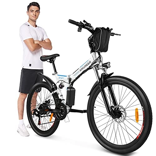 Bici elettriches : ANCHEER 26" Bicicletta elettrica pieghevole Mountain bike elettrica e-bike 36V / 8Ah Batteria al litio rimovibile / Sedile e maniglia regolabili / Carico massimo: 120 kg (Bianco)