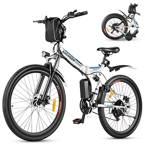 Bici elettriches : ANCHEER Bici Elettrica Pieghevole, 26'' Mountain Bike Elettrica con Batteria Rimovibile 36V 8Ah, Bicicletta Elettrica con Sospensione Completa, 3 Modalità e Professionale 21 Velocità