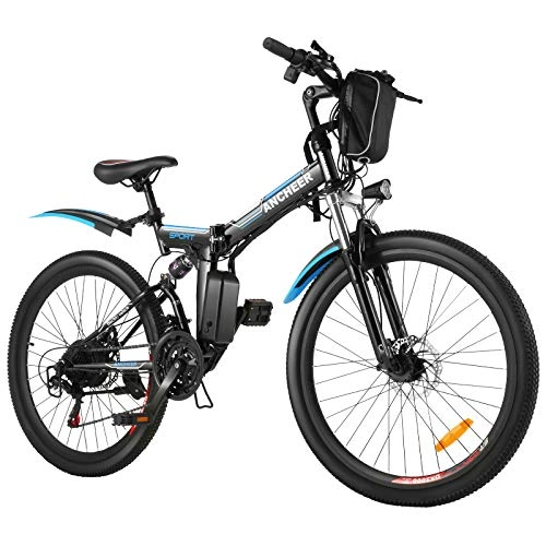Bici elettriches : ANCHEER Bici Elettriche 26" per Adulti, Bici Pendolare Elettrica Pieghevole con Motore 250W Batteria al Litio 36V 8Ah Cambio a 21 Velocità (nero)