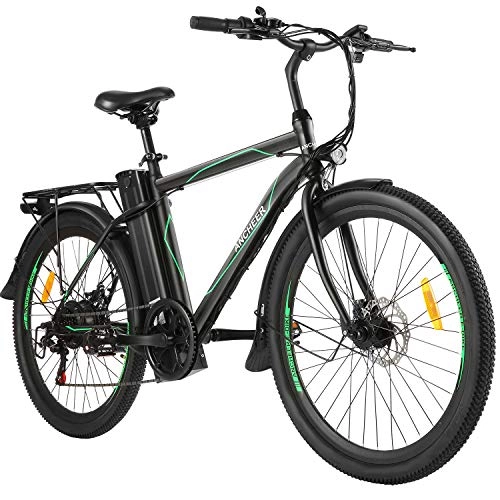 Bici elettriches : ANCHEER Bici Elettriche da 26" con Batteria Rimovibile 10AH, Bicicletta elettrica da Città 6 Marce per Adulti (Cavaliere-Linea Verde)