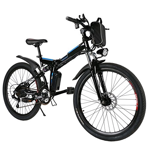 Bici elettriches : ANCHEER Bici Elettriche da Montagna 26 Pollici, Mountain Bike Batteria al Litio (36 V 250 W) 21 velocità di Sospensione Completa e Attrezzatura Shimano (Nero + Blu (Pieghevole))