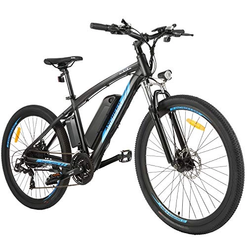Bici elettriches : ANCHEER Bici Elettriche per Adulti, Mountain Bike Elettrica 27, 5 '' con 36 V 10 Ah Li-Ion e cambio a 7 / 21 velocità, Ebike E-MTB per Uomini Adulti — AE7 (AE7-blu)