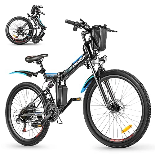 Bici elettriches : ANCHEER Bicicletta Elettrica Pieghevole, 26'' Mountain Bike Elettrica con Batteria Rimovibile 36V 8Ah, Bicicletta Elettrica con Sospensione Completa, 3 Modalità e Professionale 21 Velocità
