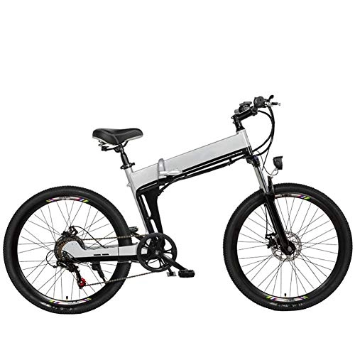 Bici elettriches : AYHa Mountain bike elettrica per adulti, telaio in lega di alluminio Bicicletta da città pieghevole da 26 pollici Freni a doppio disco Batteria rimovibile a 7 velocità 48 V, Argento, A 10AH