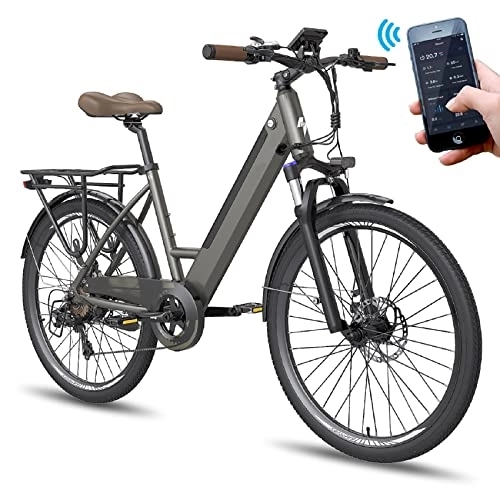 Bici elettriches : Azkoeesy Bicicletta elettrica da 26 pollici, da donna e uomo, con app, City Ebike 250 W, bicicletta elettrica Pedelec 120 kg, 10 Ah, biciclette elettriche (grigio)