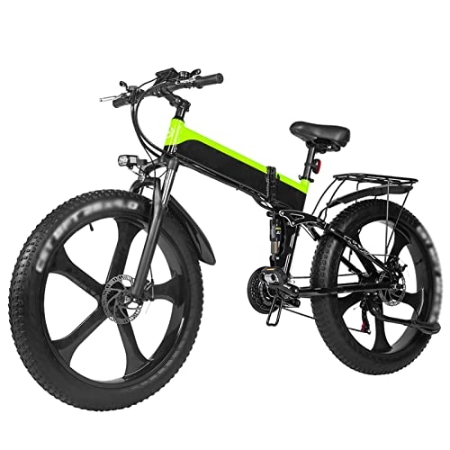 Bici elettriches : Bici elettrica per Adulti Pieghevole 1000W Motore 26×4.0 Fat Tire, Biciclette elettriche Mountain Bike 48V Bicicletta elettrica da Neve (Colore : Verde, Taglia : 48v 10.4Ah Battery)