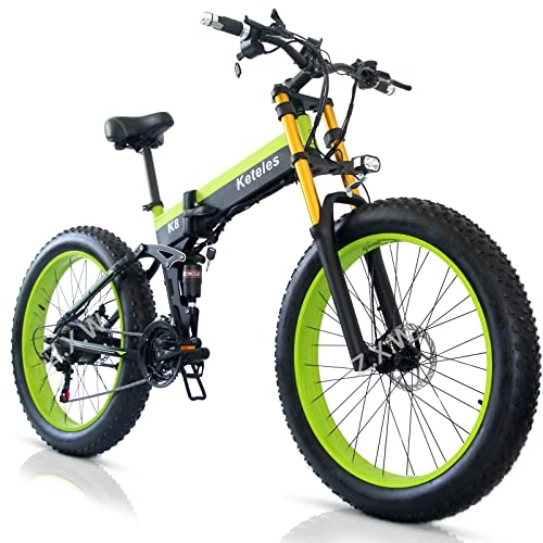 Bici elettriches : Bici Elettrica Pieghevole 26” x 4.0” Mtb E-bike Fat Bike, Bicicletta Elettrica a Pedalata Assistita Unisex Adulto, 48V 15A Batteria Removibile, Forcella a Molla Olio (verde)