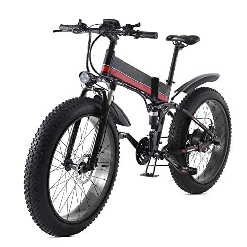 Bici elettriches : Bici elettrica Pieghevole da 1000 W per Adulti 24 mph, Bicicletta elettrica da 26 Pollici con Pneumatici Grassi da Montagna 48 V 12, 8 Ah 21 velocità E-Bike Pieghevole (Colore : Rosso)