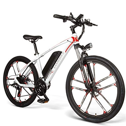 Bici elettriches : Bici elettrica SAIWOO SM26 26 pollici (bianca), mountain bike in lega di alluminio, dotata di Shimano 21 velocità, batteria al litio rimovibile 48V8Ah, adatta per adulti