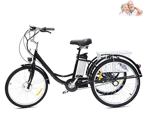 Bici elettriches : Bicicletta elettrica da donna a 3 ruote, da 24 pollici, con coperchio e batteria al litio da 36 V, 12 Ah, carico massimo 350 lbs (nero)